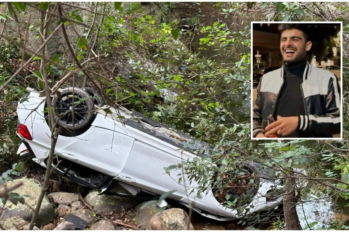 L'auto precipitata dal ponte a Baldu, nel riquadro la vittima Omar Masia
