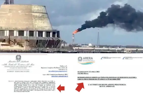 L'impianto della Saras. A destra la decisione di Arera che assegna altri incentivi alla centrale di Moratti, a sinistra la decisione del ministero di avviare il riesame (foto L'Unione Sarda)