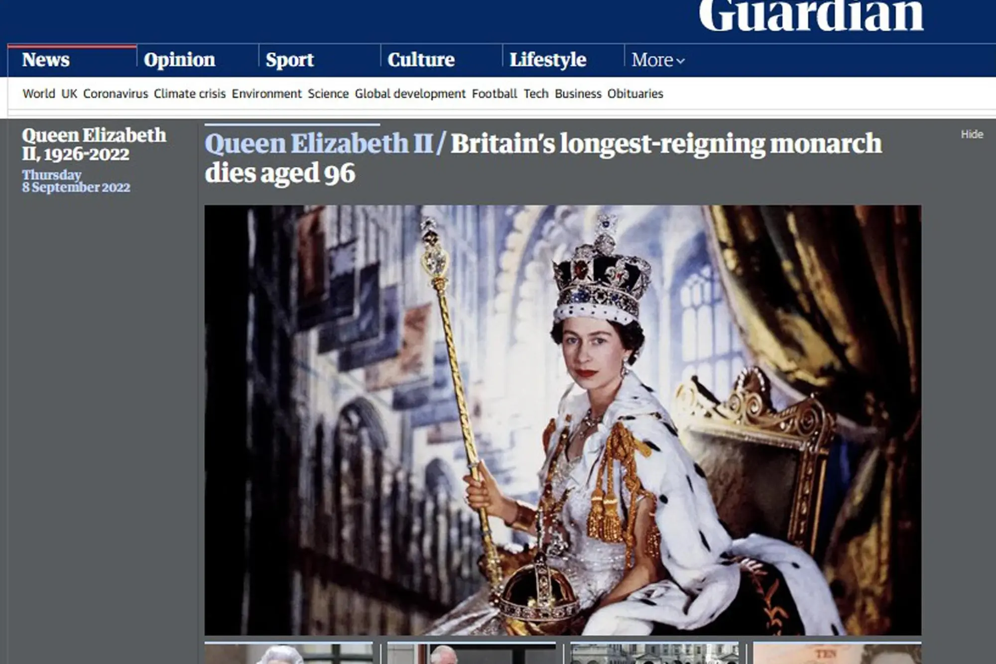 La regina Elisabetta è morta, la notizia sui siti di tutto il mondo, 8 settembre 2022. ANSA/The Guardian