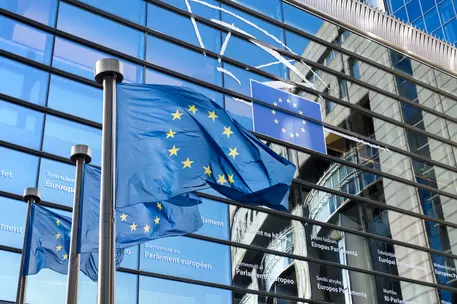 European Union flags in front of the European Parliament in Brussels, Belgium