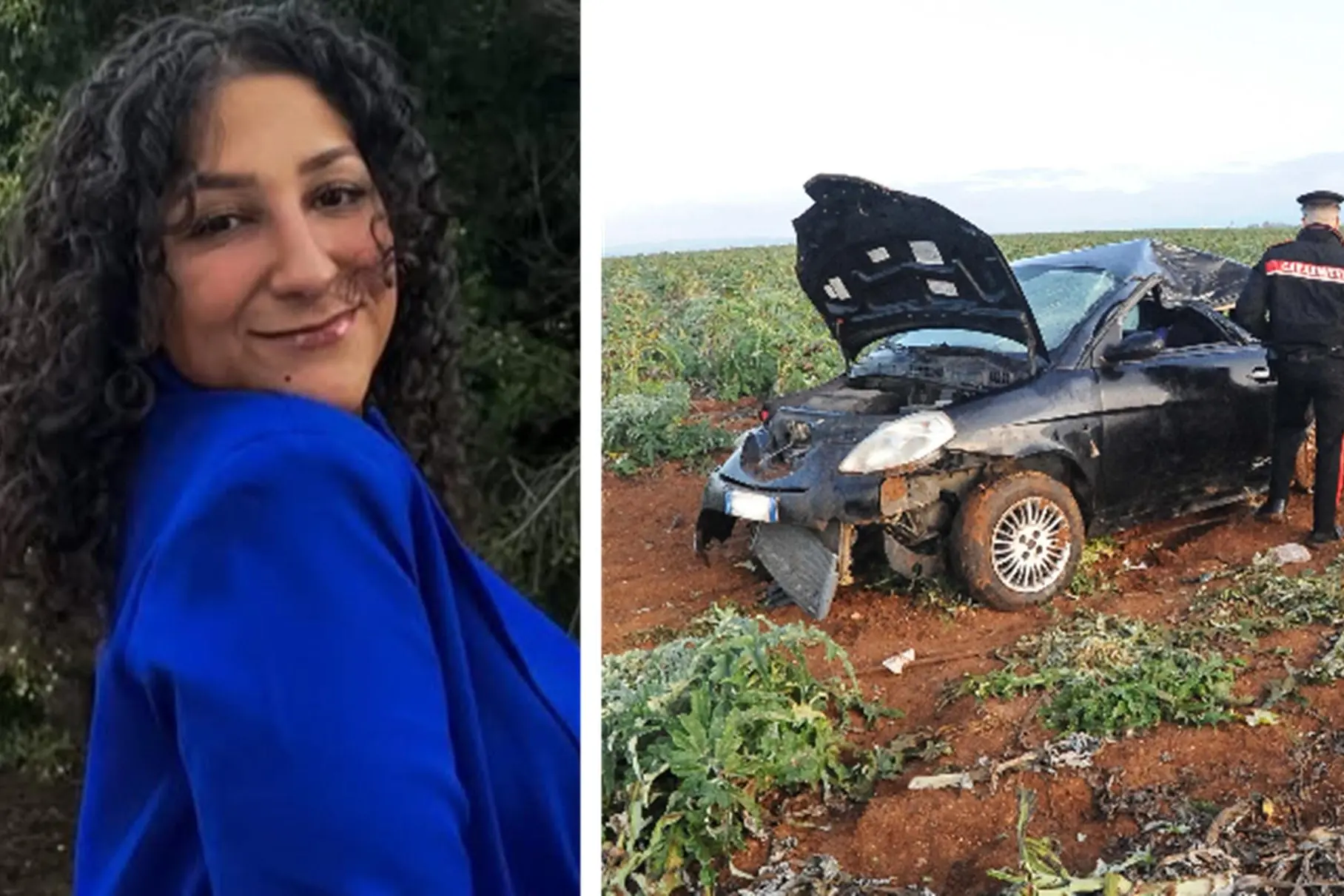 Rossella Marongiu e l'auto dopo l'incidente