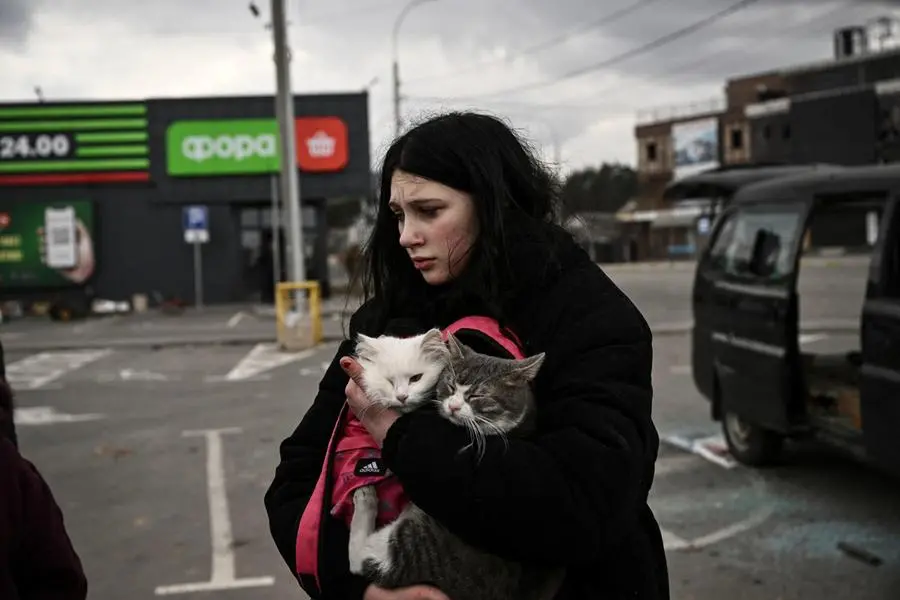 A woman holds cats as people evacuate the city of Irpin, west of Kyiv, on March 7, 2022. - Russian forces pummelled Ukrainian cities from the air, land and sea on Monday, with warnings they were preparing for an assault on the capital Kyiv, as terrified civilians failed for a second day to escape besieged Mariupol. (Photo by ARIS MESSINIS / AFP)
