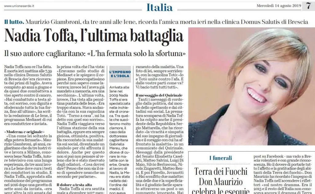 La notizia della morte su L'Unione Sarda