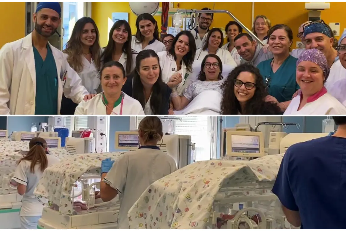 Il personale dell'Aou di Cagliari con mamma e papà e le tre piccole assistite dal personale ospedaliero