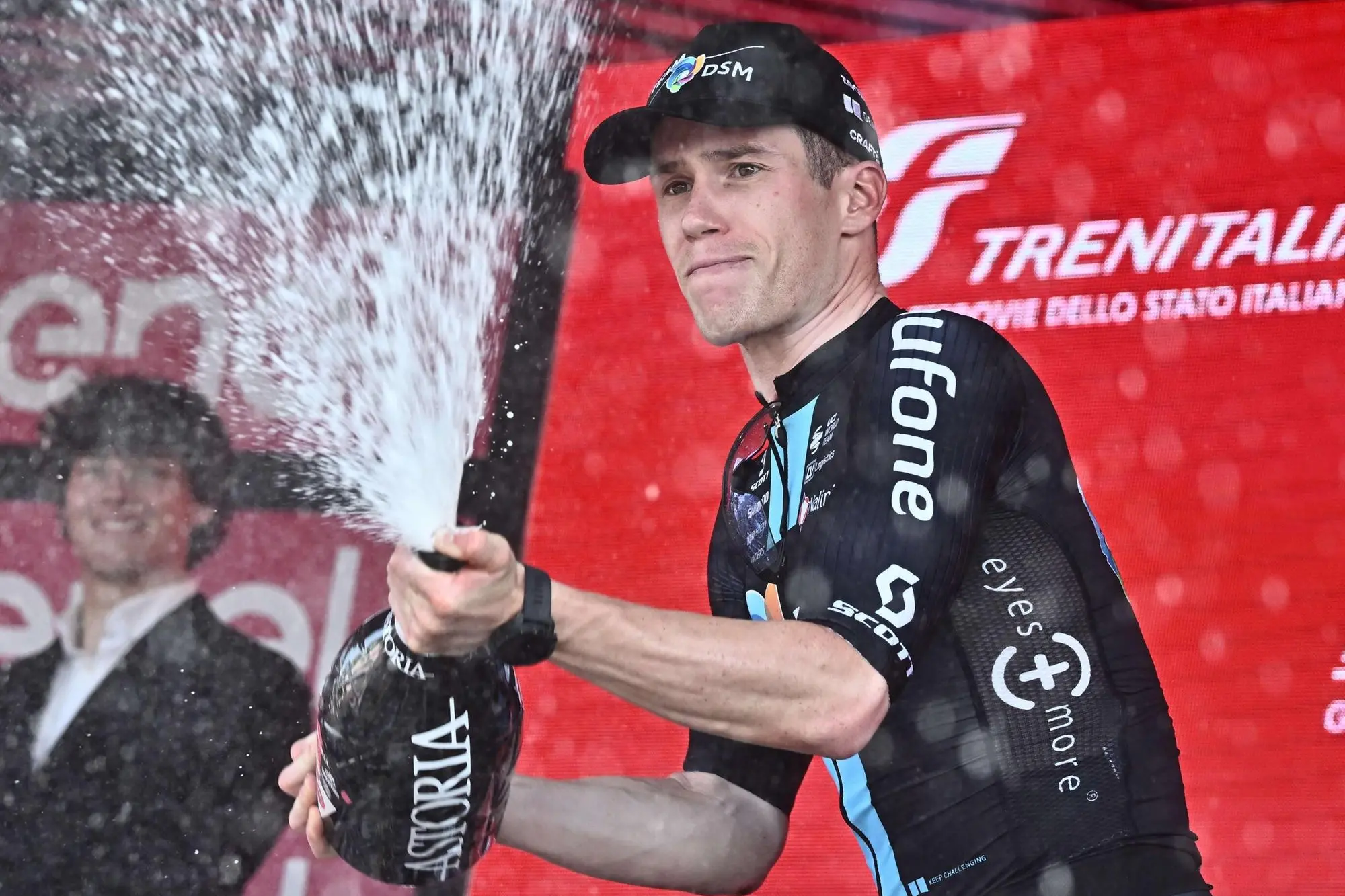 Italian rider Alberto Dainese of Dsm Team celebrates on the podium after winning the seventeenth stage of the 2023 Giro d'Italia cycling race over 197 km from Pergine Valsugana to Caorle, Italy, 24 May 2023. ANSA/LUCA