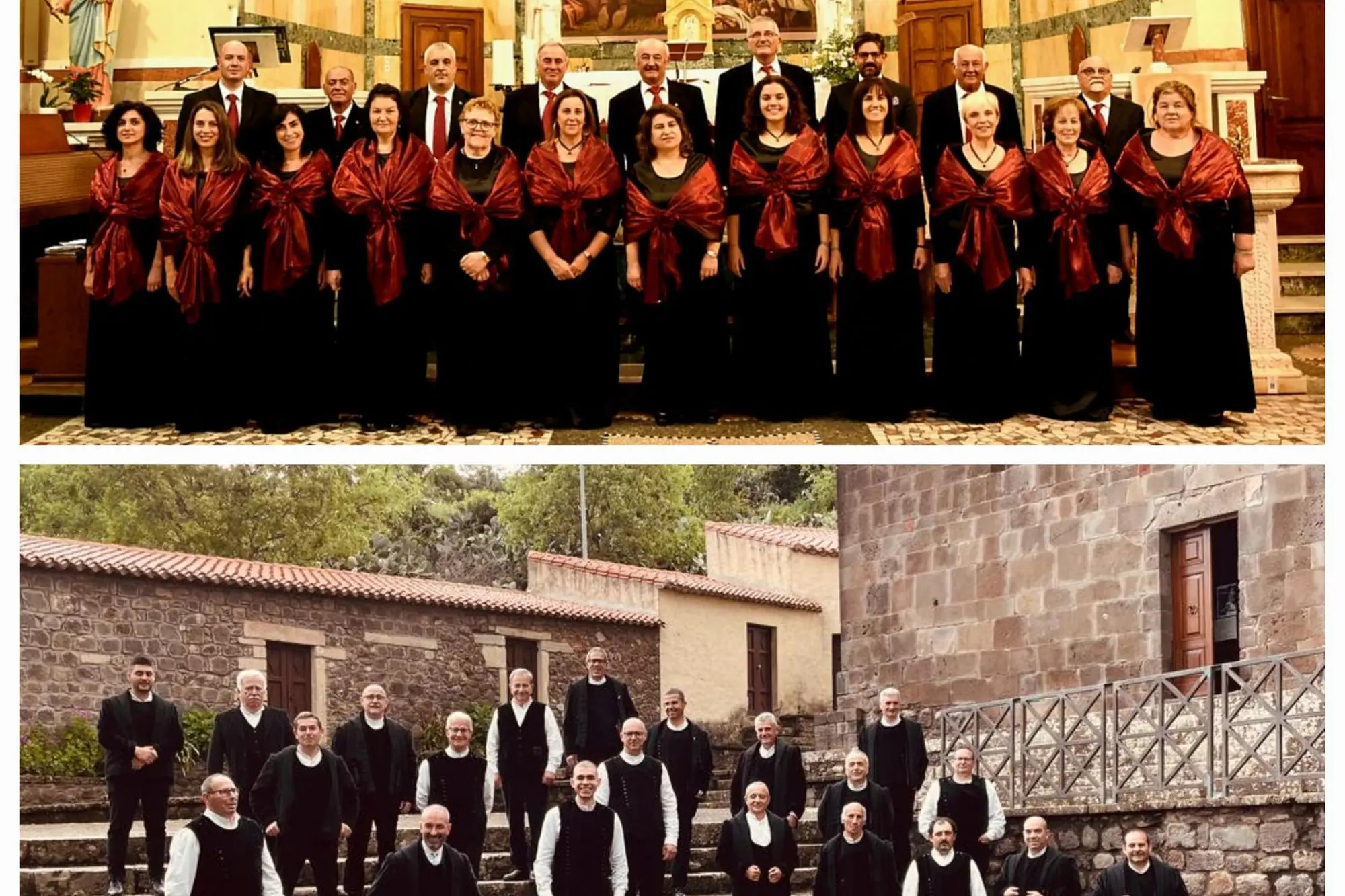 La Corale Santa Cecilia di Arborea in alto e il Coro di Bonarcado in basso (foto concessa)