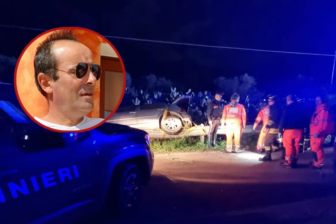 L'auto fuori strada e, nel tondo, Attilio Mocci