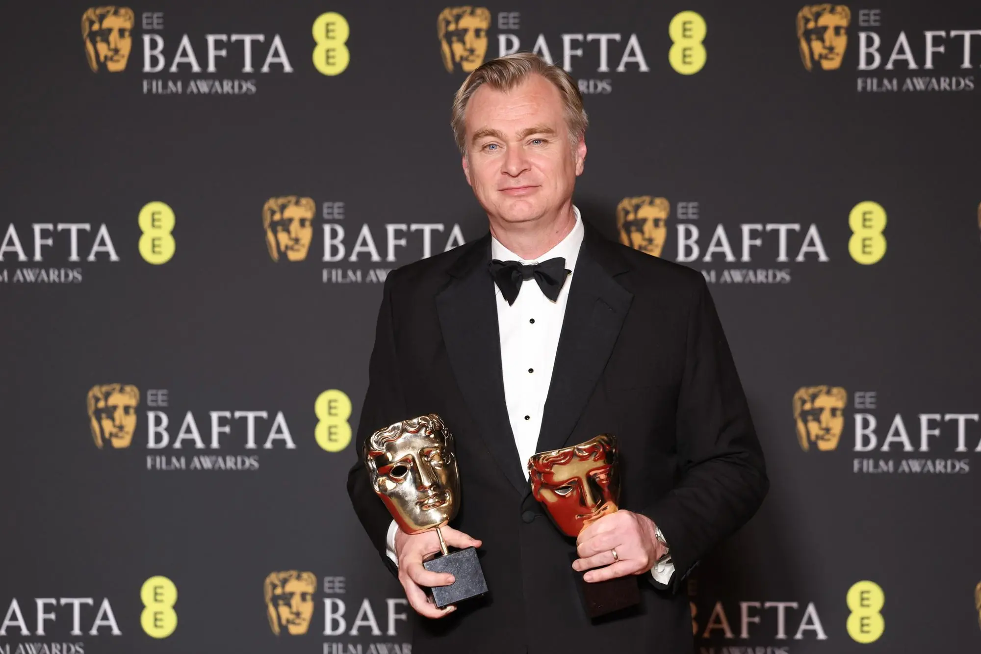 epa11165112 Christopher Nolan after winning the Best Director and Best Film awards for Oppenheimer in the press room during the BAFTA Film Awards at the Royal Festival Hall in London, Britain, 18 February 2024. The ceremony is hosted by the British Academy of Film and Television Arts (BAFTA). EPA/ANDY RAIN