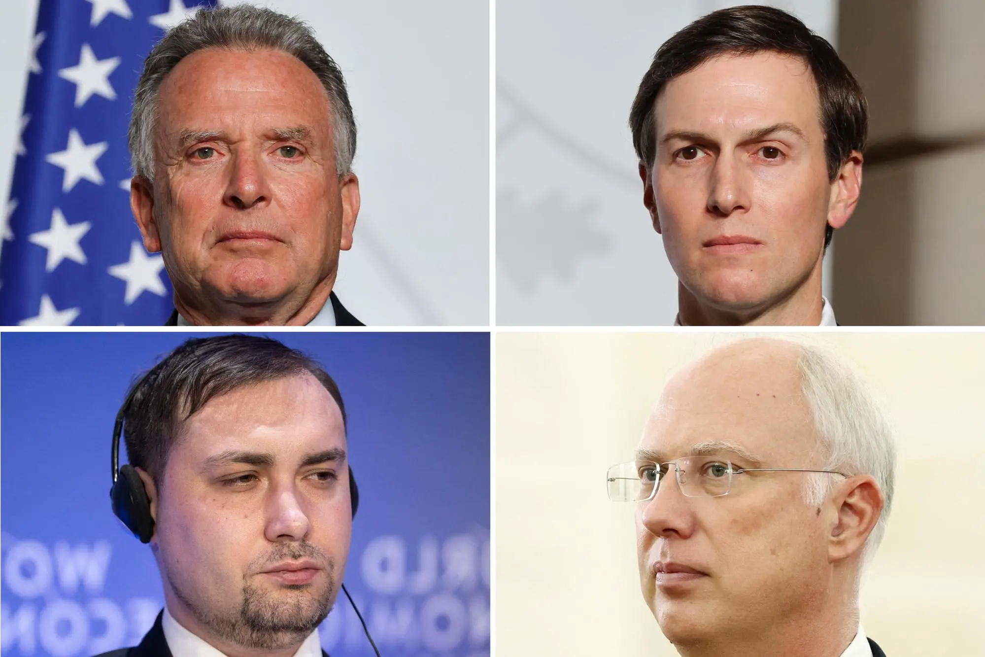 Nella combo, in alto da sx Steve Witkoff e Jared Kushner; in basso da sx Kyrylo Budanov e Kirill Dmitriev. Ai negoziati trilaterali sul piano di pace per l'Ucraina a Abu Dhabi, Axios rivela che ci saranno per gli Usa gli inviati Witkoff e Kushner, per l'Ucraina il capo dell'ufficio presidenziale Kyrylo Budanov, il segretario del Consiglio per la sicurezza Rustem Umerov e il diplomatico di lungo corso Sergiy Kyslytsya . 22 gennaio 2026 ANSA