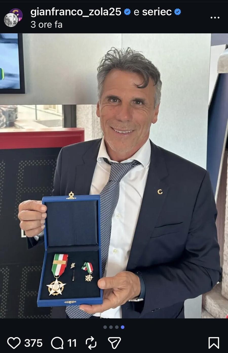 Meriti sportivi: dal Coni la stella d’oro per Zola