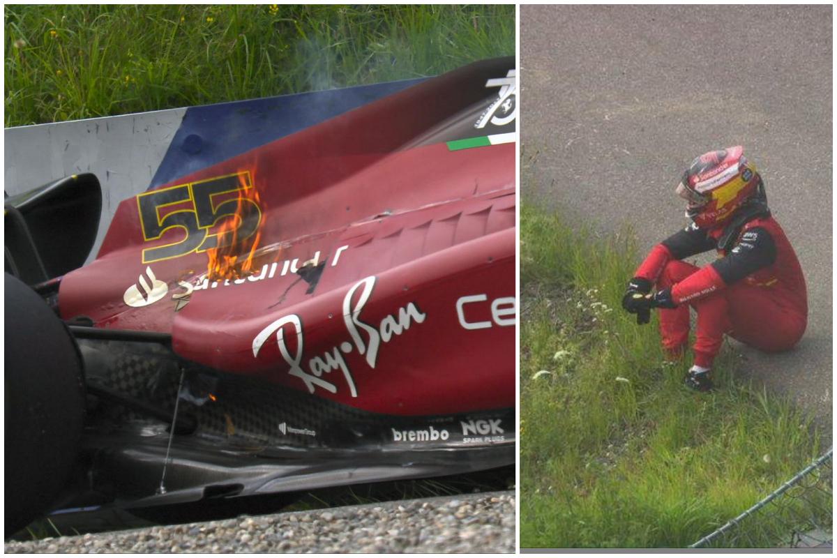 La Ferrari a fuoco e lo sconforto di Sainz (Foto Formula Uno Twitter)