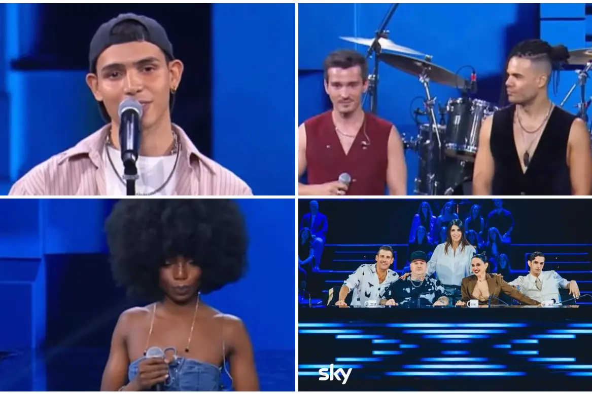 EroCaddeo, Mattia Pilloni con i Plastic Haze, Sakina Sanogoh e i giudici di X Factor con Giorgia (foto X Factor)
