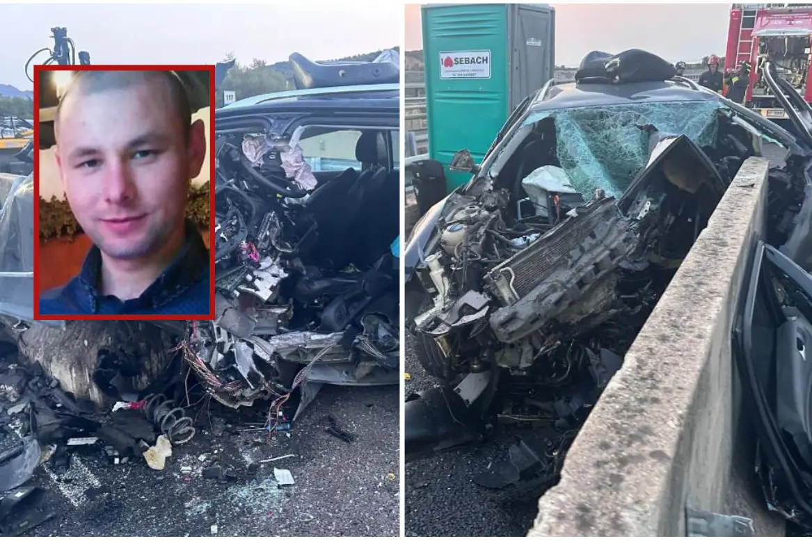 L'auto disintegrata dopo lo schianto a Budoni, a sinistra la vittima (Foto: L'Unione Sarda)