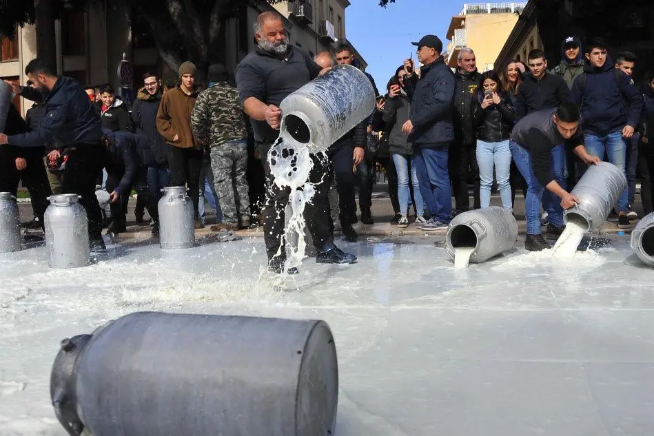Pastori gettano latte nella fontana di piazza Roma, a Oristano