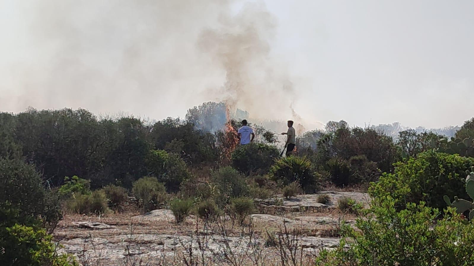I residenti di Calasetta contrastano le fiamme (foto L'Unione Sarda - Scano)