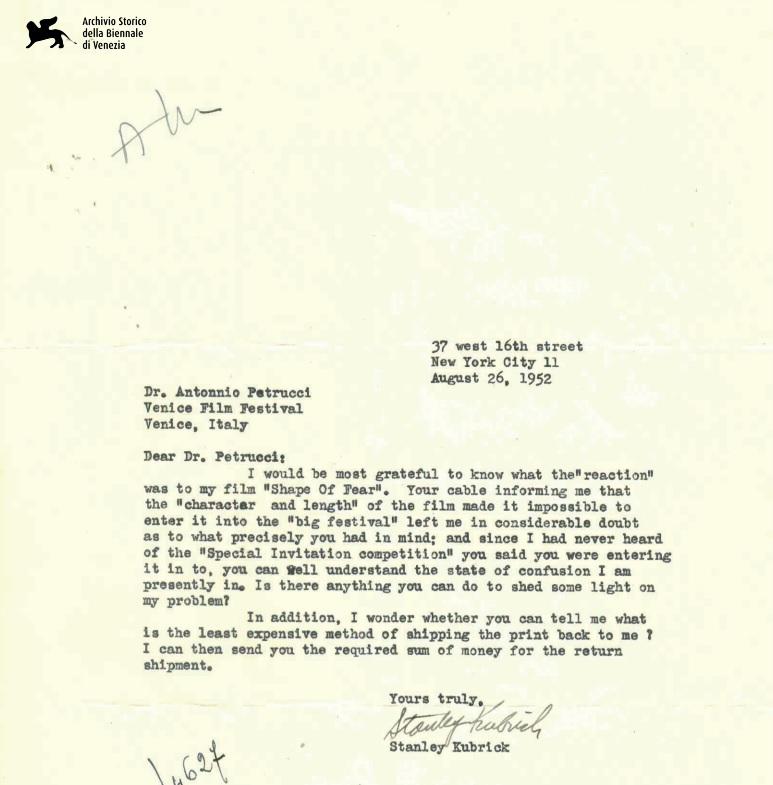 La lettera di Kubrick al direttore della Mostra del cinema Petrucci (Archivio storico della Biennale di Venezia)