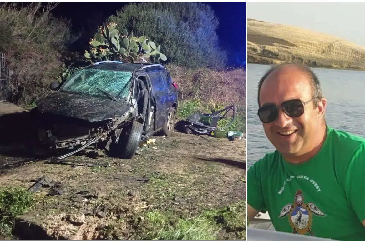 A sinistra il luogo dello schianto alle porte di Narbolia, a destra la vittima Albino Flore (foto Pinna/Facebook)