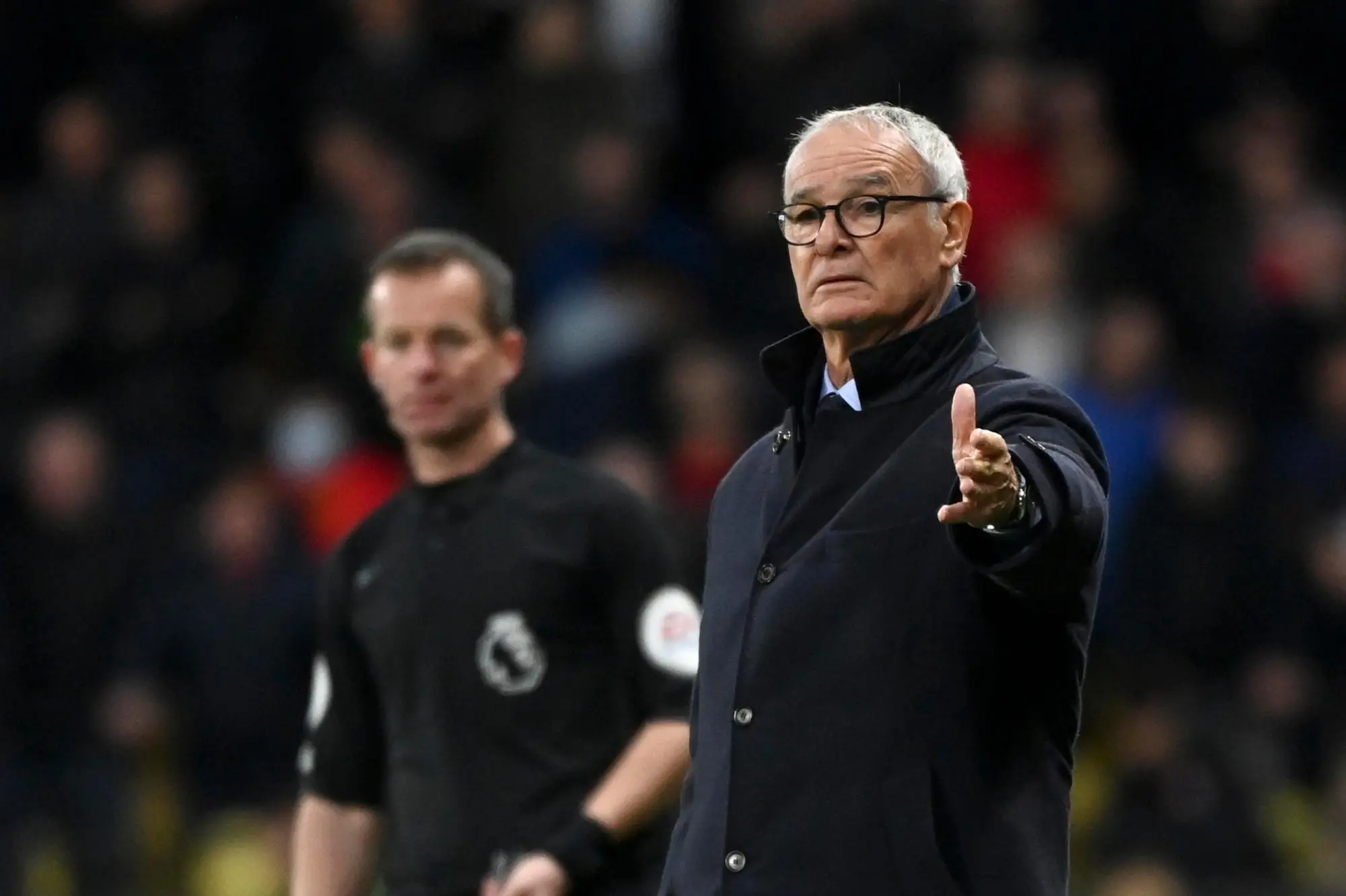 epa09594149 Watford's manager Claudio Ranieri (R) reacts during the English Premier League soccer match between Watford FC and Manchester United in Watford, Britain, 20 November 2021. EPA/VICKIE FLORES EDITORIAL USE ONLY. No use with unauthorized audio, video, data, fixture lists, club/league logos or 'live' services. Online in-match use limited to 120 images, no video emulation. No use in betting, games or single club/league/player publications