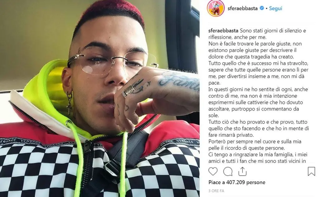 Il messaggio pubblicato sui social da Sfera Ebbasta