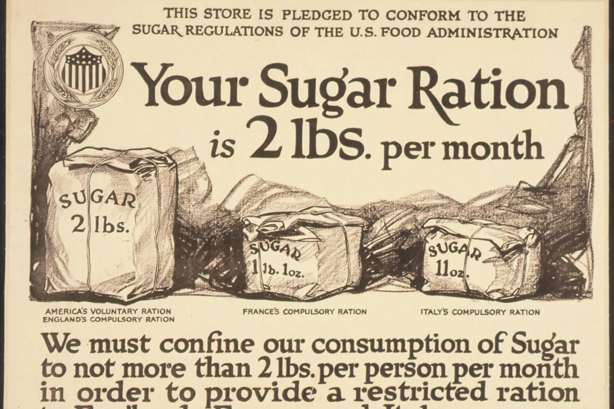 Un manifesto per il razionamento dello zucchero negli Stati Uniti in favore degli alleati durante la Prima guerra mondiale