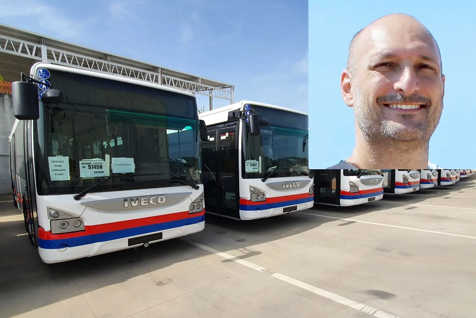 Autobus Atp Sassari e, nel riquadro, il nuovo presidente Alessandro Zara