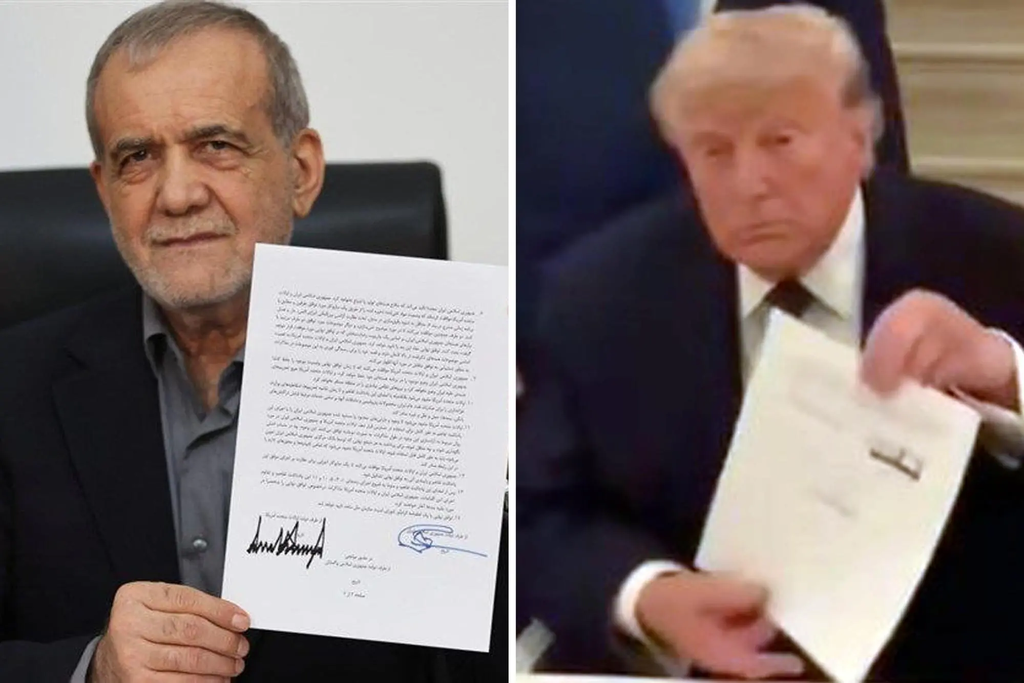 Nella combo, il presidente Donald Trump (D) firma a Versailles l'accordo tra l'Iran e gli Stati Uniti, e il presidente iraniano Masoud Pezeshkian firma il memorandum a Teheran, 18 giugno 2026. IRANIAN STATE TV IRIB/HANDOUT// X/EmmanuelMacron +++ ATTENZIONE: L'ANSA NON POSSIEDE I DIRITTI DI QUESTA FOTO CHE NON PUO' ESSERE PUBBLICATA SENZA L'AUTORIZZAZIONE DELLA FONTE DI ORIGINE CUI SI RINVIA +++ NPK +++