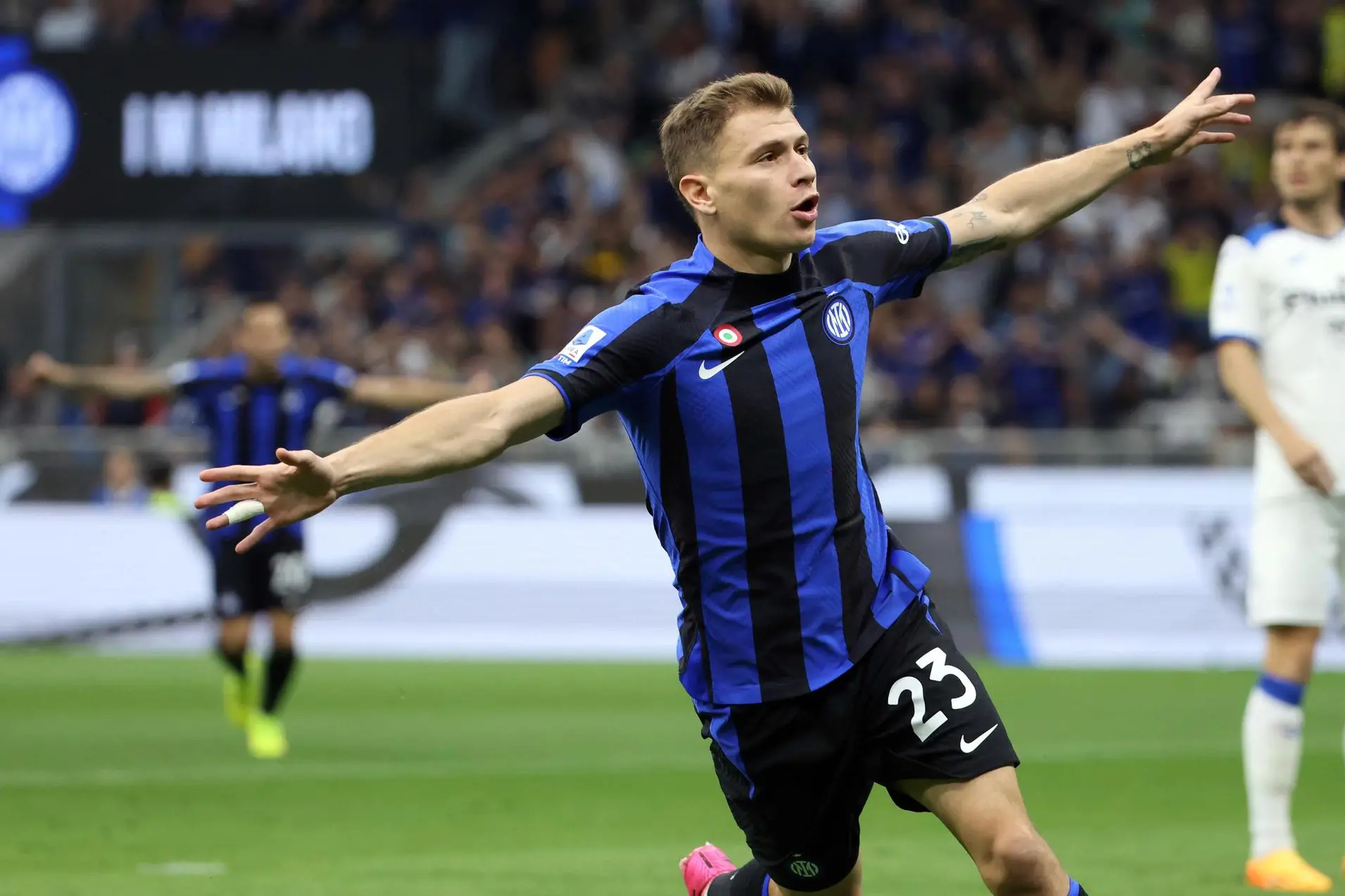 Inter Milan’s Nicolo Barella jubilates after scoring goal of 2 to 0 during the Italian serie A soccer match between Fc Inter and Atalanta Giuseppe Meazza stadium in Milan, 27 May 2023. ANSA / MATTEO BAZZI