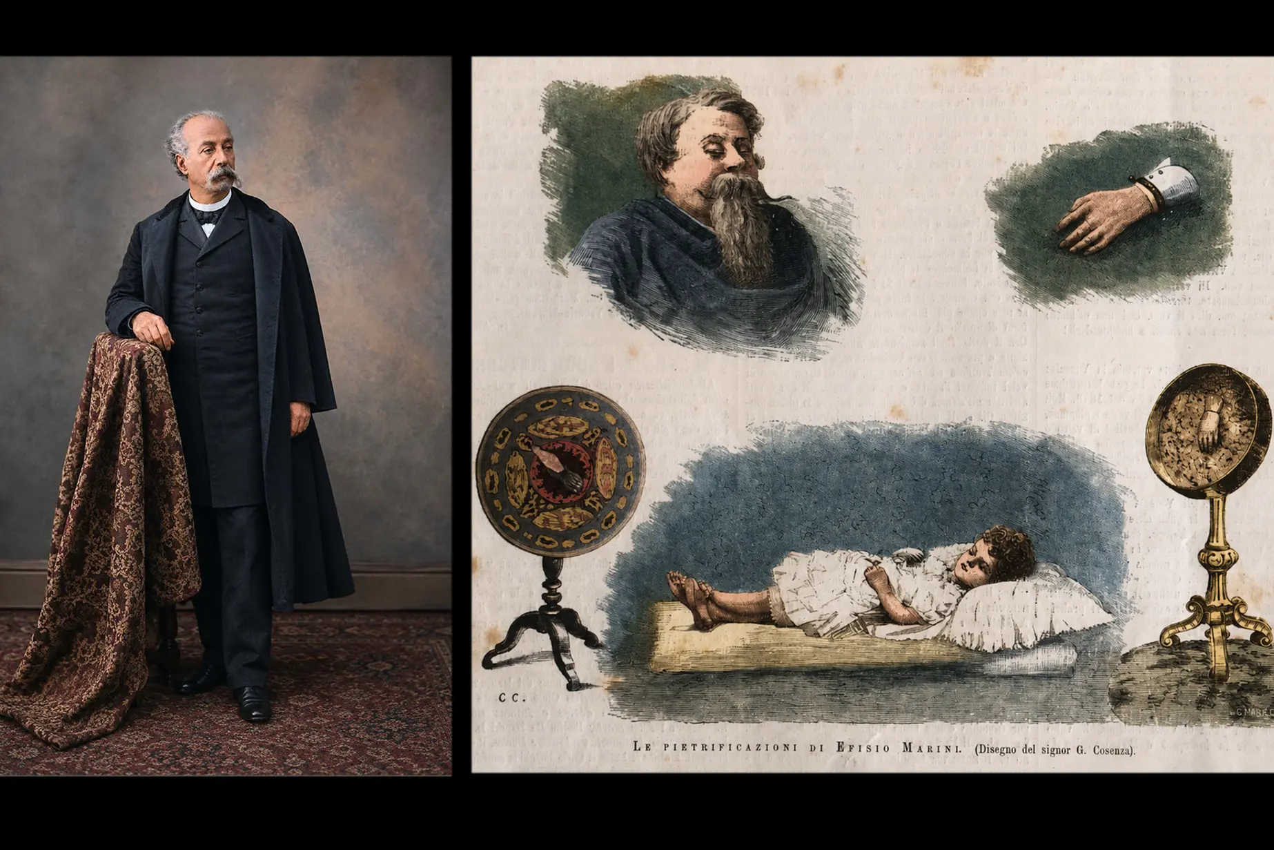 Un ritratto di Efisio Marini e un'illustarzione di Giuseppe Cosenza del 1881