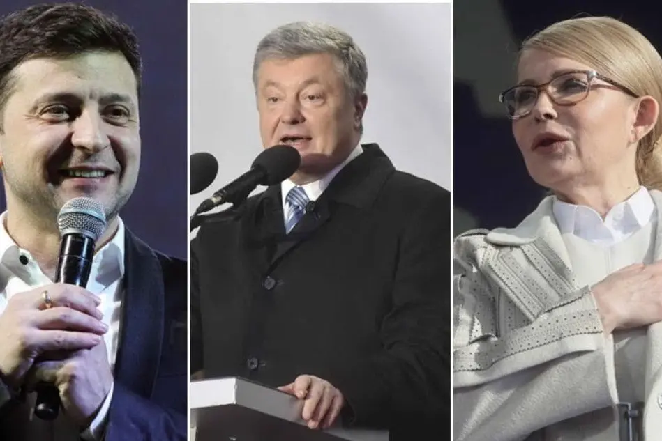 I tre sfidanti principali: da sinistra Volodymyr Zelensky, Petro Poroshenko e Yulia Tymoshenko (Ansa)