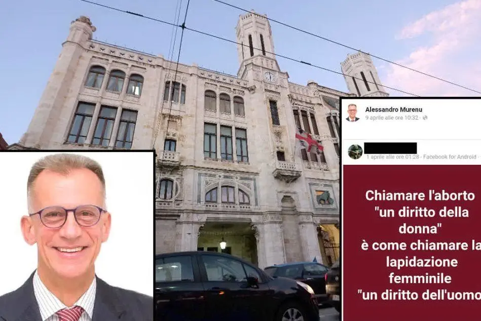 Il Comune di Cagliari e il candidato Alessandro Murenu (Archivio L'Unione Sarda), a destra il post (foto Facebook)