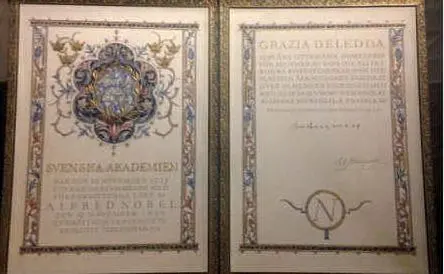 Il certificato del Nobel per la Letteratura di cui fu insignita la scrittrice (archivio Treccani)