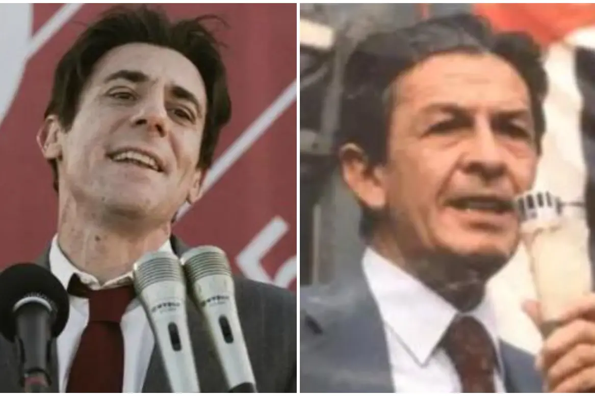 Elio Germano (frame da YouTube) ed Enrico Berlinguer (Archivio L'Unione Sarda)