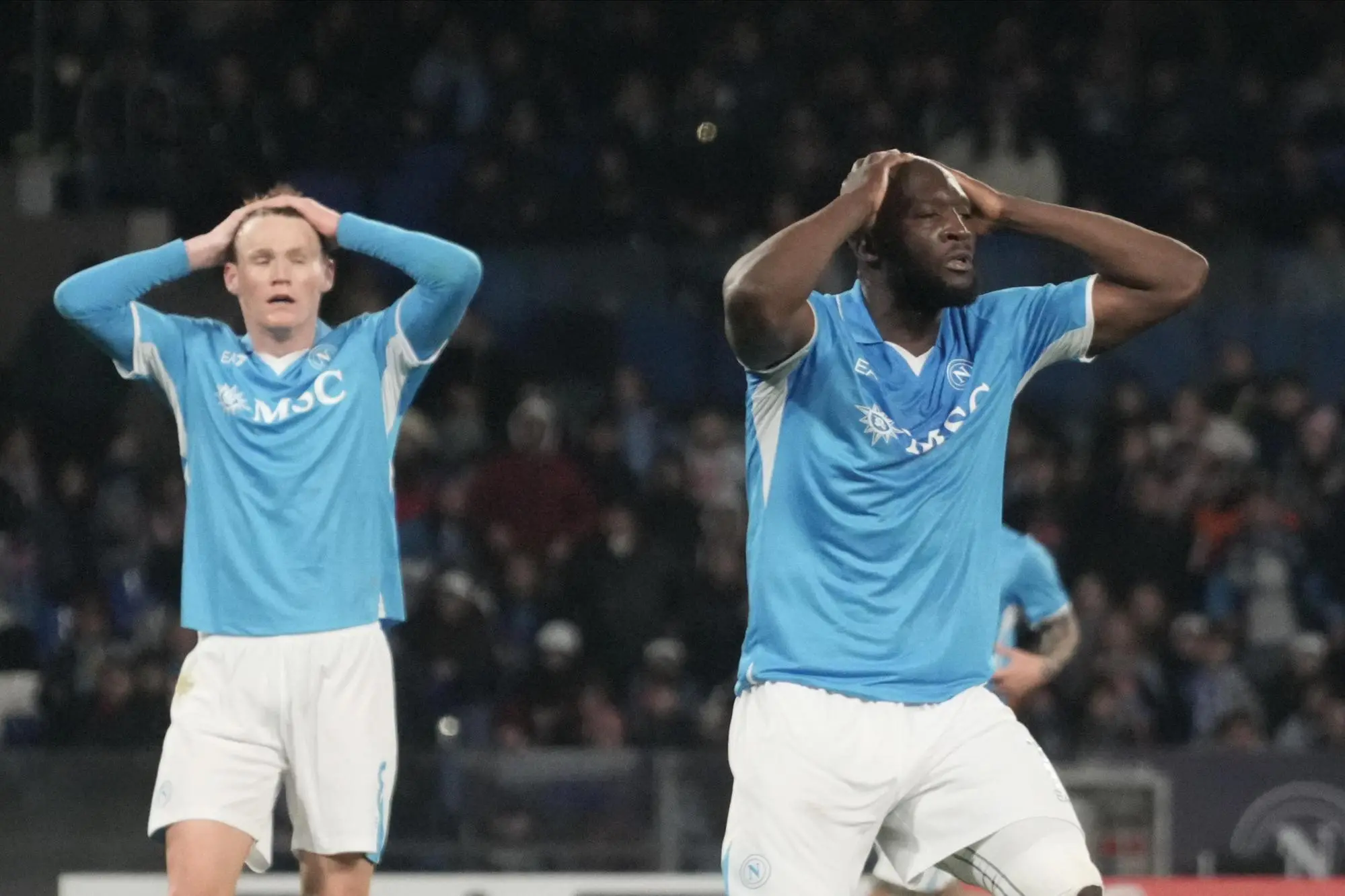 La delusione di Romelu Lukaku e Scott McTominay in Napoli-Udinese di Serie A (foto Ansa)