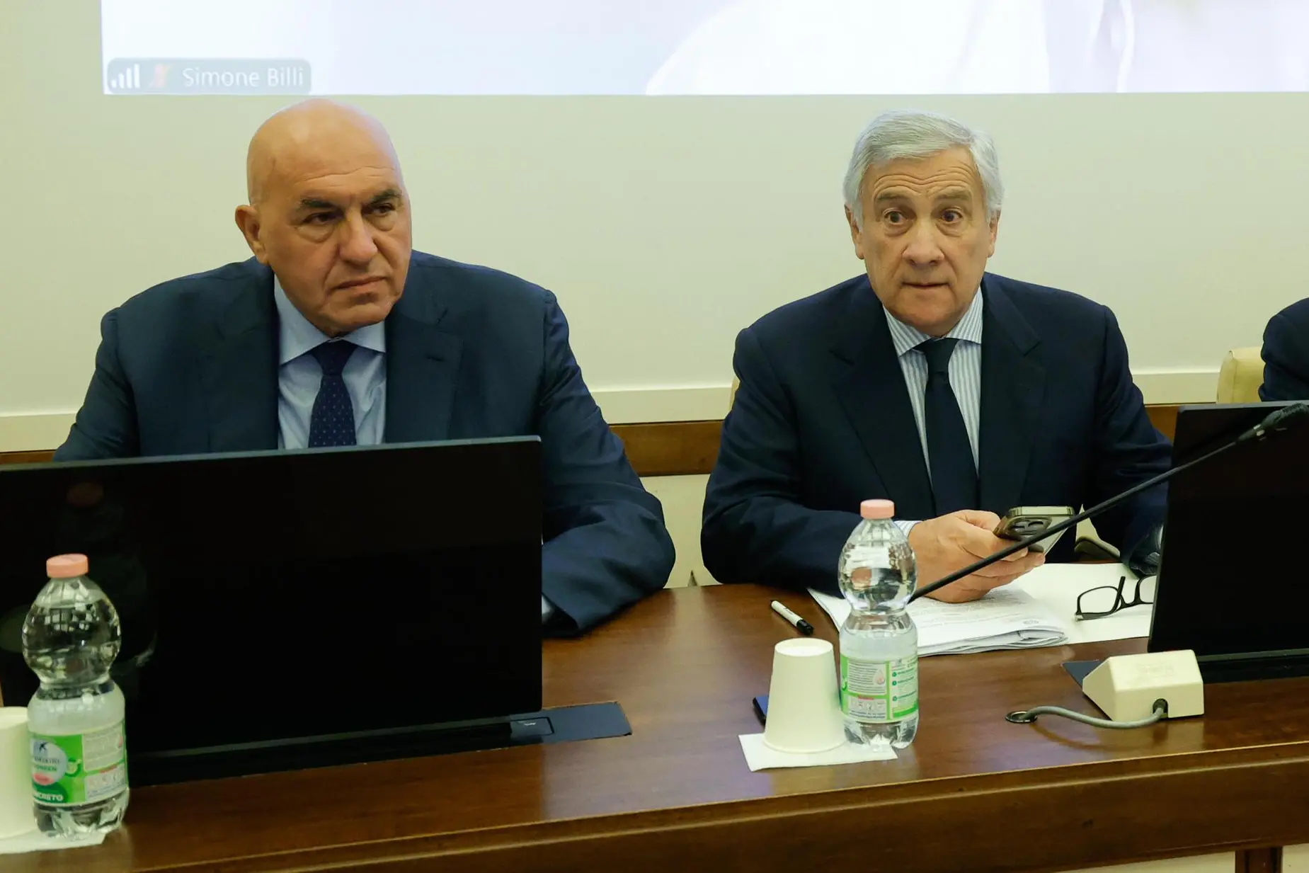 Tajani e Crosetto durante l'informativa davanti alle Commissioni riunite Esteri e Difesa (Ansa-Lami)