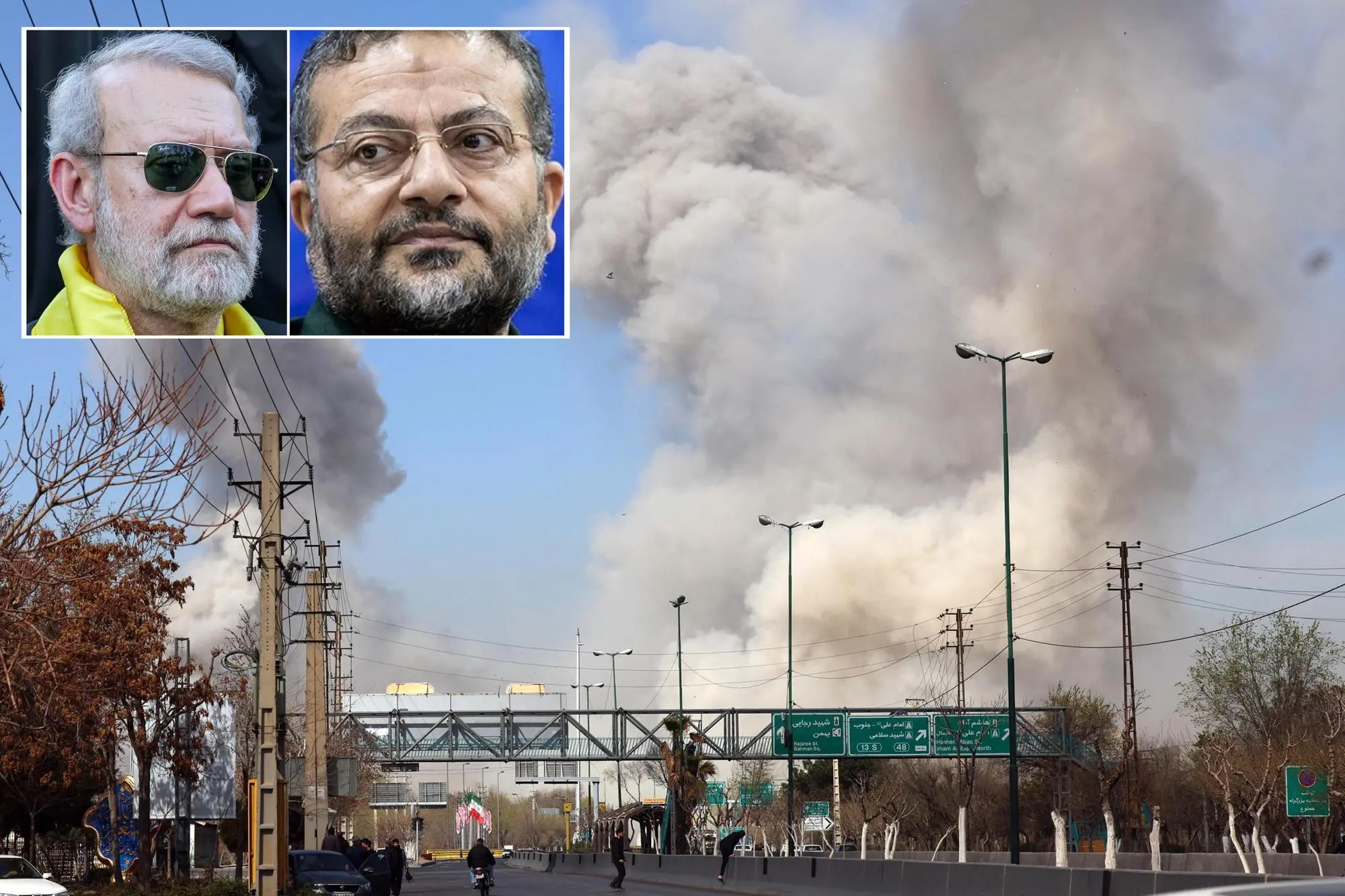 Nella combo, Teheran sotto i bombardamenti e - nel riquadro - Ali Larijani (sx) e Gholamreza Soleimani, 17 Marzo 2026. ANSA