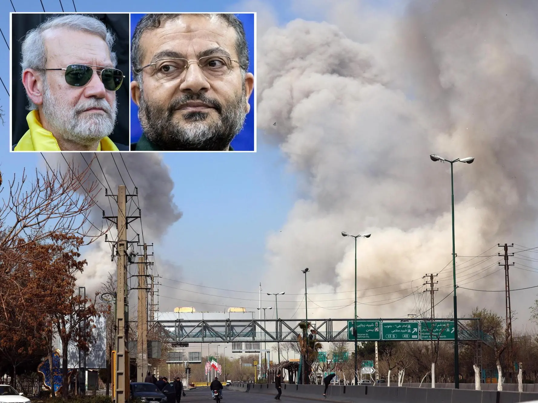 Nella combo, Teheran sotto i bombardamenti e - nel riquadro - Ali Larijani (sx) e Gholamreza Soleimani, 17 Marzo 2026. ANSA