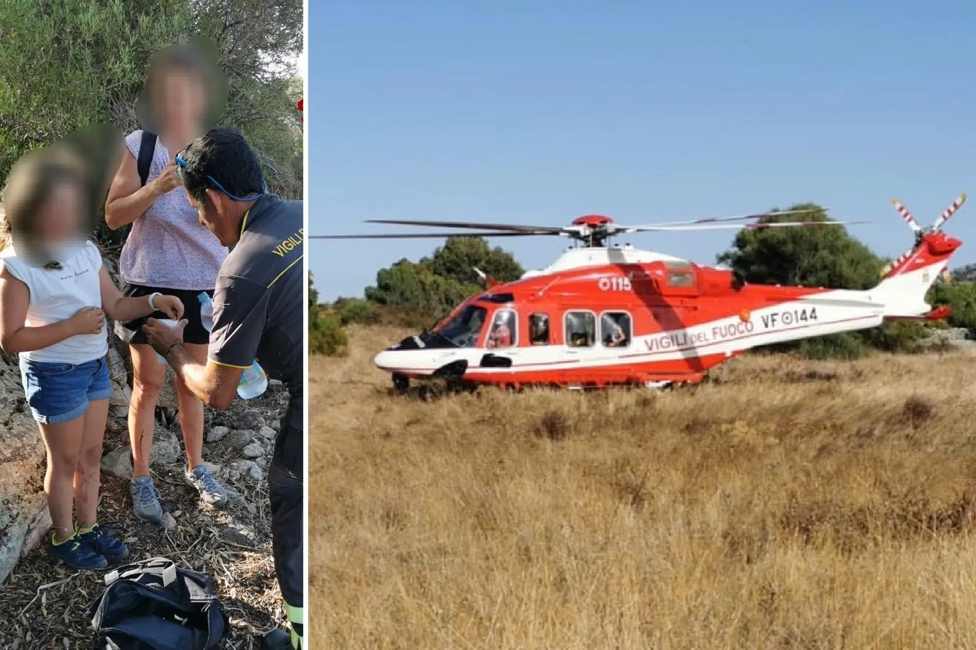 L'elicottero dei vigili del fuoco e la famiglia salvata