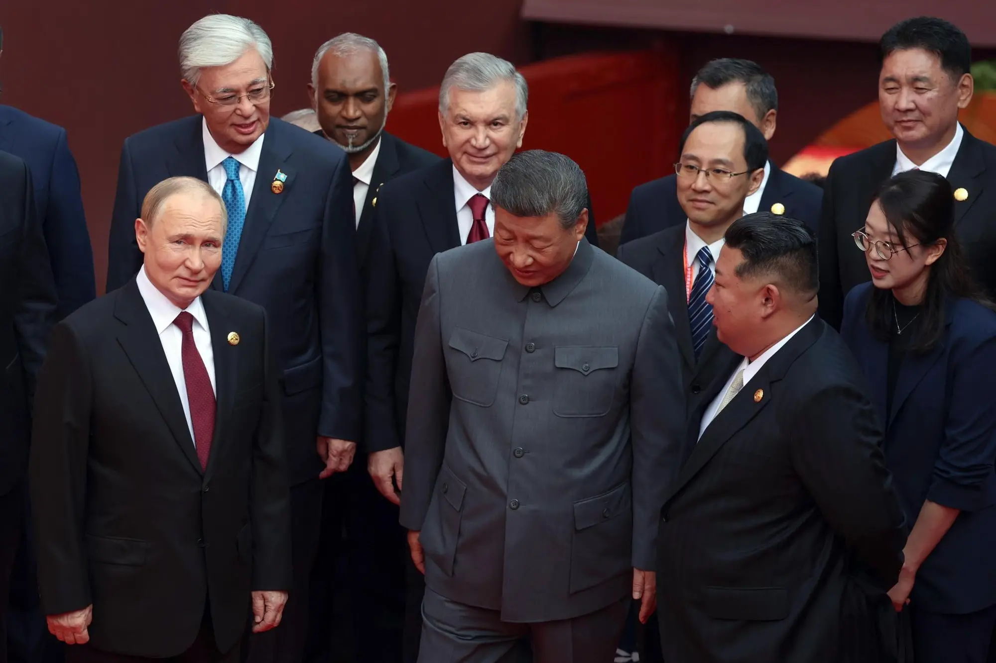 Vladimir Putin, Xi Jinping e Kim Jong-un a Pechino (foto Ansa)