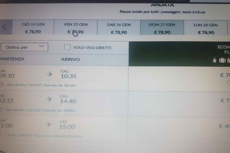 La schermata Alitalia Milano-Cagliari (foto L.P.)