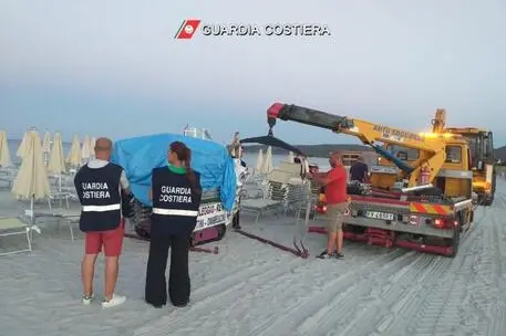Sequestrati ombrelloni e sdraio nelle spiagge di San Teodoro (foto Ansa - Guardia Costiera)