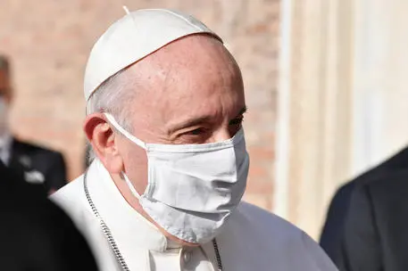 Pope Francis, wearing protective face masks, at the Campidoglio's square for the Peace Prayer Meeting "No one is saved alone - Peace and Fraternity", promoted by the Community of Sant'Egidio, in Rome, Italy, 20 October 2020. ANSA/VATICAN MEDIA +++ ANSA PROVIDES ACCESS TO THIS HANDOUT PHOTO TO BE USED SOLELY TO ILLUSTRATE NEWS REPORTING OR COMMENTARY ON THE FACTS OR EVENTS DEPICTED IN THIS IMAGE; NO ARCHIVING; NO LICENSING +++