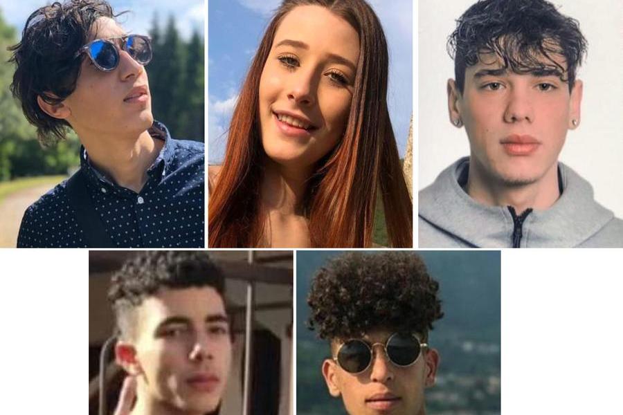 I cinque giovani morti nel Bresciano: Salah Natiq, Irene Sala, Dennis Guerra, Imad El Narram e Imad Natiq (foto via Ansa)