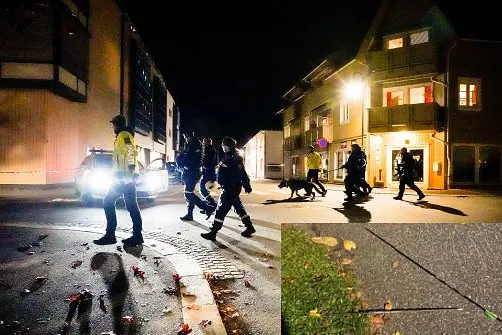 Le forze dell'ordine sul posto, nel riquadro le frecce (foto Twitter)