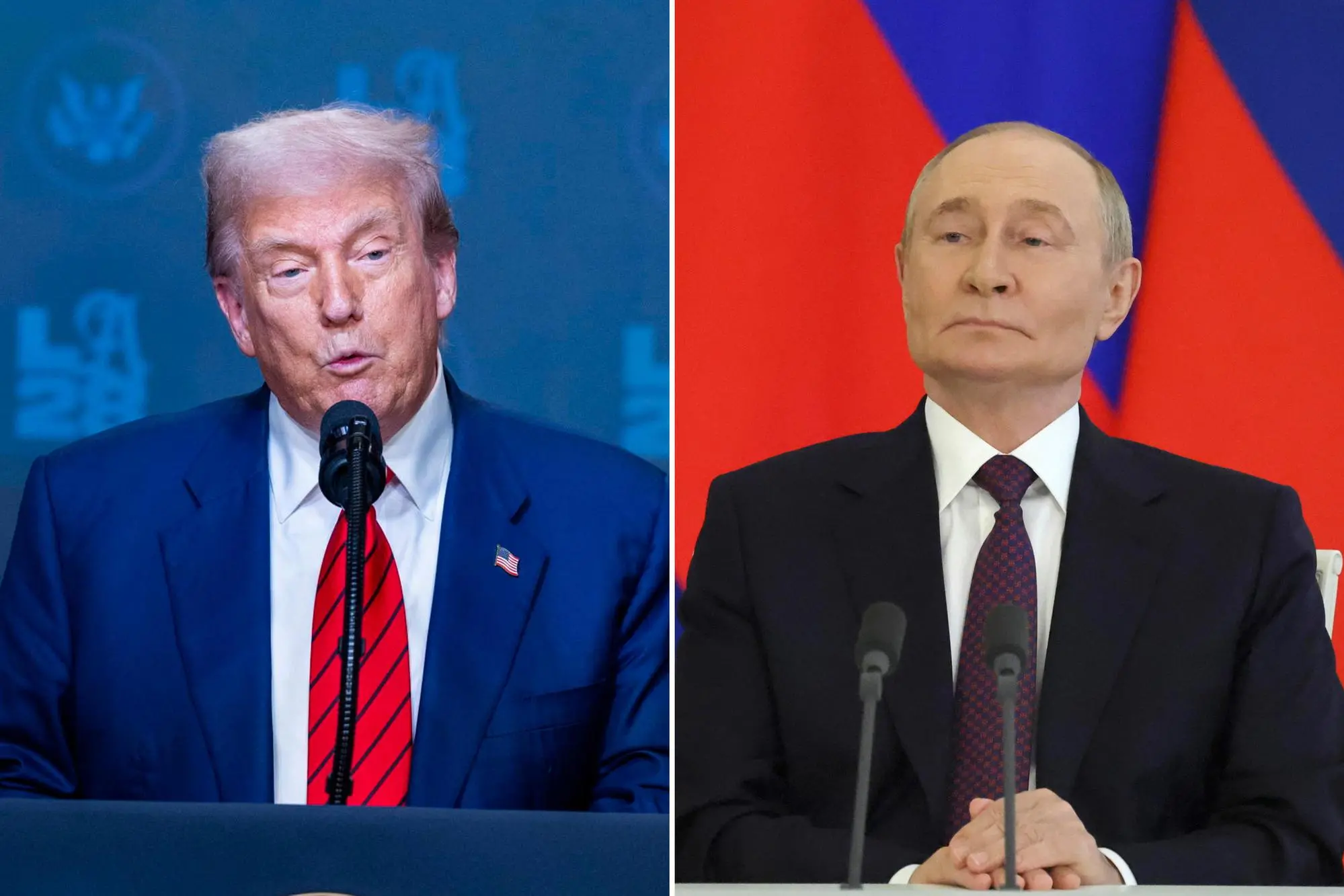 In una combo il presidente russo Vladimir Putin (S) e il presidente americano Donald Trump. ANSA/ SHAWN THEW/EVGENIA NOVOZHENINA / POOL