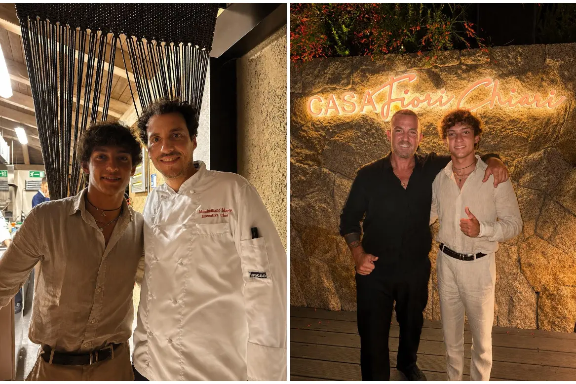 Kimi Antonelli a cena a Porto Cervo, con lo chef Massimiliano Marfé e Jordan Rocca (foto concesse)