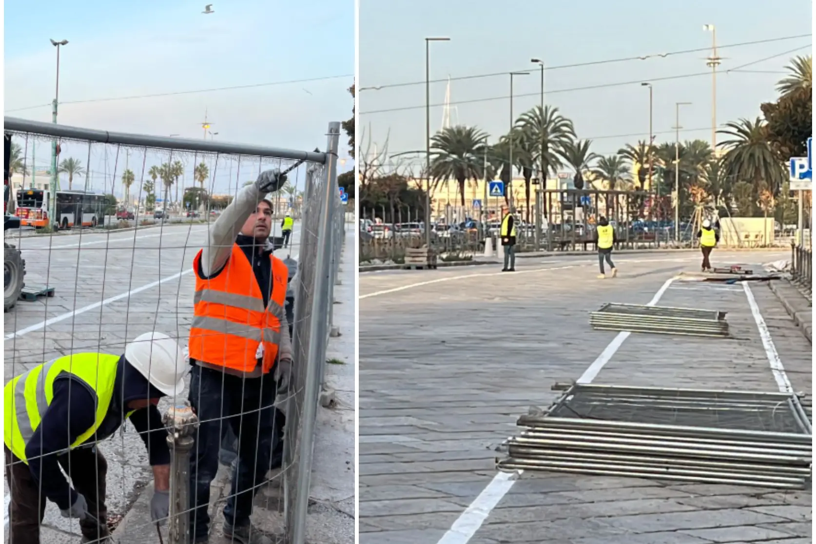 Operai al lavoro per riaprire il primo tratto di via Roma (Foto Madeddu)