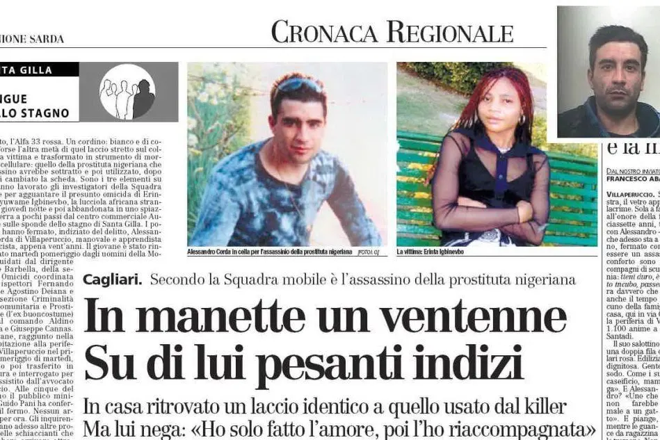 La pagina dell'Unione Sarda del 24 febbraio 2005 - nel riquadro in alto a destra Alessandro Corda oggi