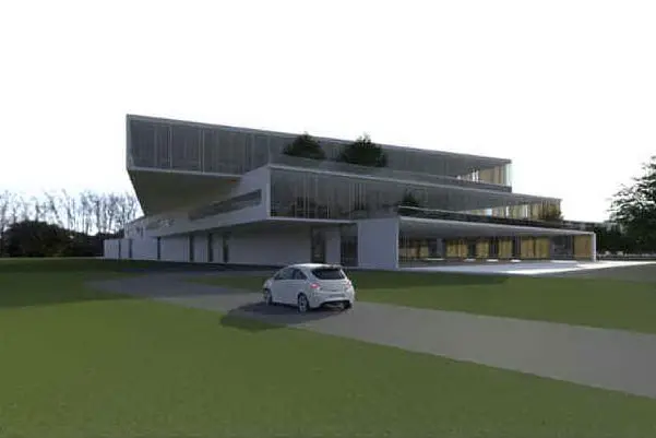 Il rendering preliminare del nuovo ospedale unico del Sulcis a Villamassargia (foto Farris)