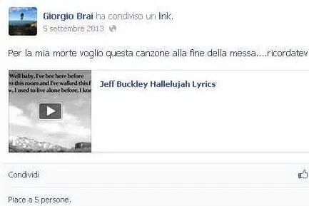 La canzone postata da Giorgio Brai sulla sua pagina Facebook
