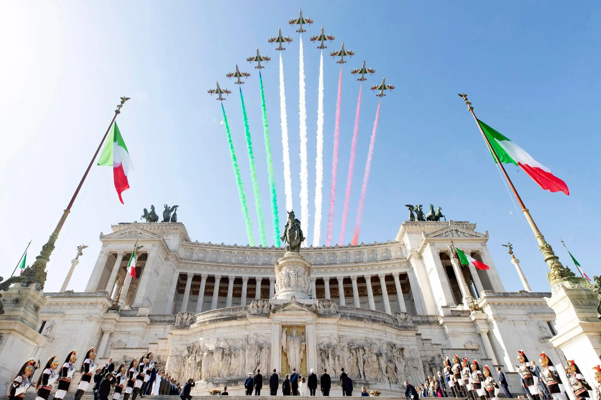 Italian Air Forces aerobatic demonstration team, the Frecce Tricolori, fly during the Republic Day celebrations in Rome, Italy, 02 June 2022. The anniversary marks the founding of the Italian Republic in 1946. ANSA/ QUIRINAL PRESS OFFICE/ PAOLO GIANDOTTI +++ ANSA PROVIDES ACCESS TO THIS HANDOUT PHOTO TO BE USED SOLELY TO ILLUSTRATE NEWS REPORTING OR COMMENTARY ON THE FACTS OR EVENTS DEPICTED IN THIS IMAGE; NO ARCHIVING; NO LICENSING +++